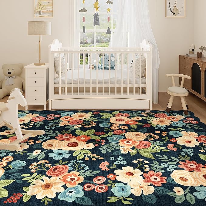 DUKINO 8x10 Area Rug for Living Room, Soft Floral Washable Rug, Navy Blue | Soft, Low Pile, Stain Resistant Throw Large Rug for Bedroom, Dining Room, Nursery, Kids Playroom, Pet Friendly, Home Decor