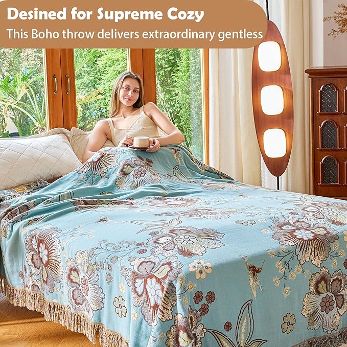 VANJOROY Boho Throw Blanket 60" x 80", 100% Organic Cotton Breathable Skin-Friendly Ultra Soft Bed Quilt Blue Throw - Floral Rustic Decor Luxury Reversible Blanket for Sofa Couch Chair and Gift,