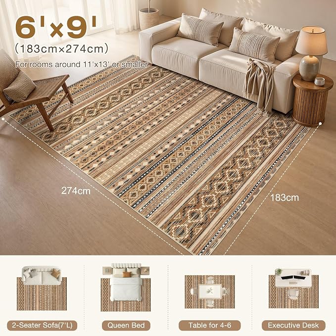 cotiled 6x9 Area Rugs Living Room Rug: Washable Boho Rugs with Non Slip Backing Large Soft Indoor Stain Resistant Carpet for Bedroom Farmhouse Dining Room Lightweight Home Decor Brown/Beige