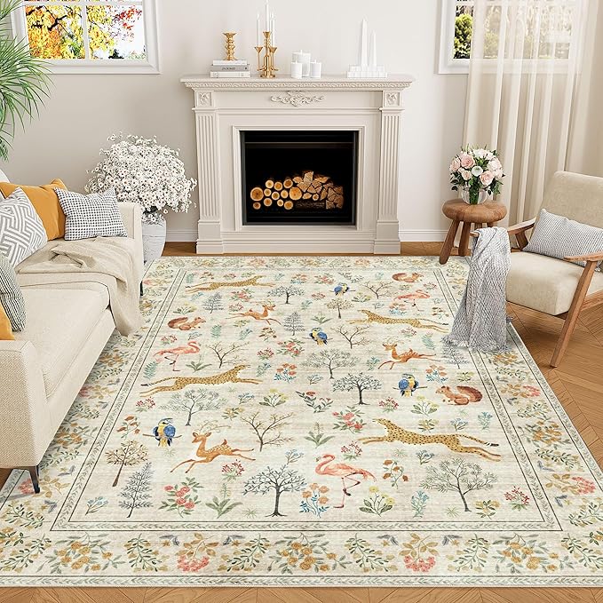 DUKINO 9x12 Area Rug for Living Room, Washable Animal Rug Non Slip, Beige | Low Pile, Non-Shedding, Soft Indoor Large Carpet for Bedroom, Dining Room, Kids PlayRoom,Nursery, Farmhourse, Pet Friendly