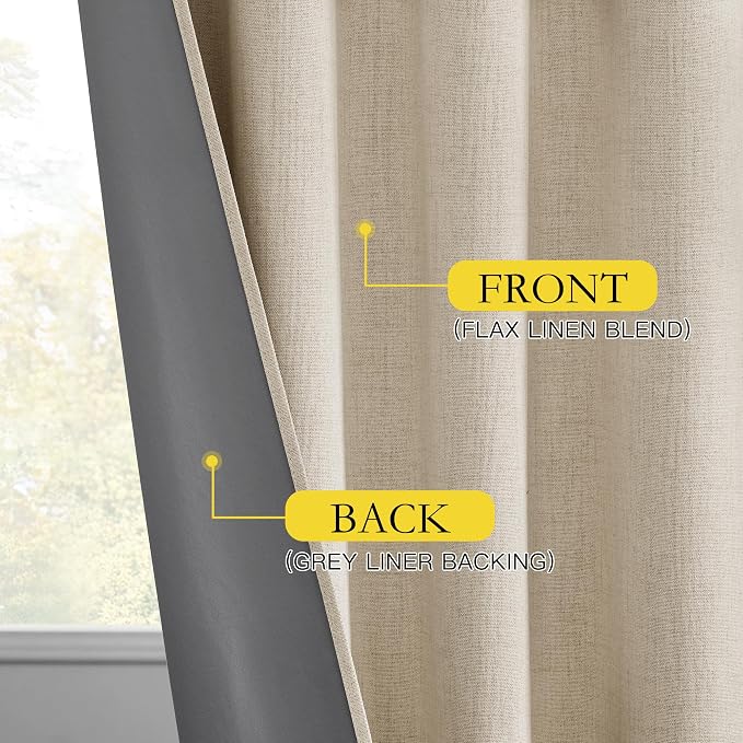 NICETOWN 100% Black Out Curtains 84 inch Long, Beige Curtains with Thermal Insulated Grey Liner, Thick Linen Blend Rod Pocket & Back Tab Draperies for Apartment, Living Room (1 Pair, 52" W per Panel)