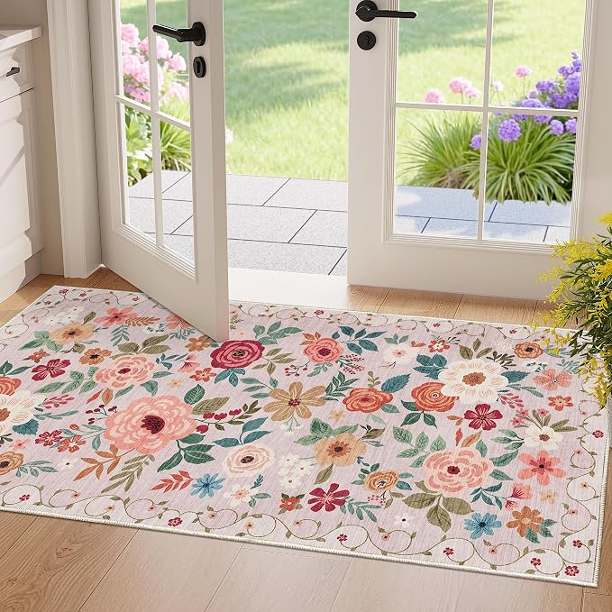 DUKINO 2x4 Entryway Rug, Floral Washable Kitchen Rugs Non Slip, Beige | Low Pile, Soft Indoor Runner Rug for Hallway, Bedroom, Bathroom, Laundry, Pet Friendly, Modern Home Decor, Stain Resistant