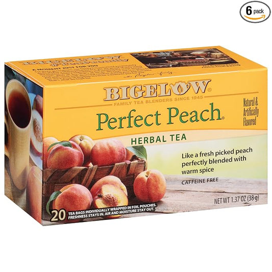 Bigelow Tea Perfect Peach Herbal Tea Bags, Caffeine Free, 20 Count, Pack of 6