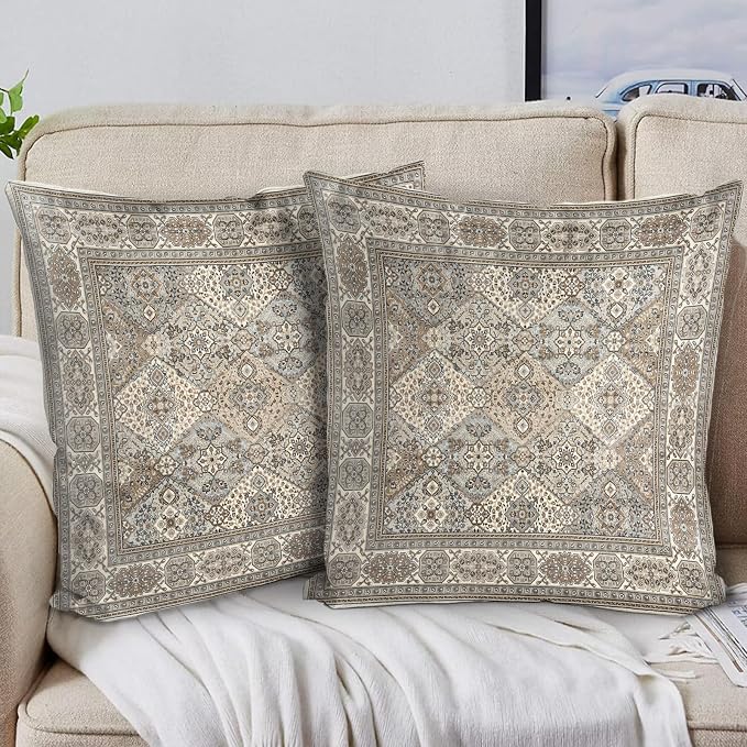 Boho Floral Throw Pillow Covers 22x22 inch Set of 2,Boho Rug Geometric Floral Pattern Decor Double Sided Pattern Cushion Cover Soft Pillow Case Living Sofa Room Bed Square Pillow Cover