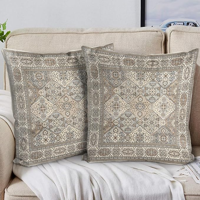 Boho Floral Throw Pillow Covers 24x24 inch Set of 2,Boho Rug Geometric Floral Pattern Decor Double Sided Pattern Cushion Cover Soft Pillow Case Living Sofa Room Bed Square Pillow Cover