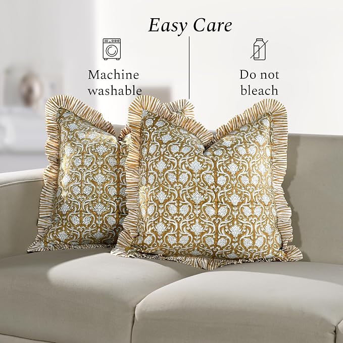 CPC Block Print Ruffle Throw Cover Mustard Regal 18"x18" Inch Pack of 2-100% Cotton Ruffle Couch Decorative Boho Pillows Case for Living Room, Bedroom, Sofa, Farmhouse Gift for Spring, Mother's Day