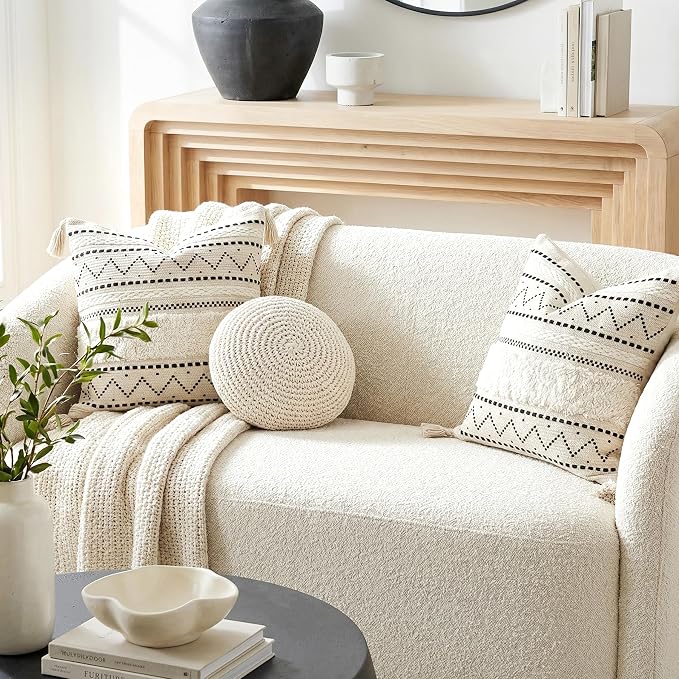 Decorative Throw Pillow Covers 20x20 Combo Set of 2 Square Boho Black Neutral Accent Pillowcase Tassels Farmhouse Cushion for Couch Sofa Bedroom Living Room Home Décor Cover ONLY