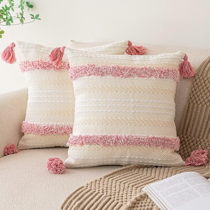 BUIOVBEY Boho Throw Pillow Covers Woven Tufted Pillow Cases with Tassels | Farmhouse Pillow Covers 20x20 Set of 2 Textured Striped Cushion Case Neutral Decorative Pillowcase for Sofa Couch Bed Pink