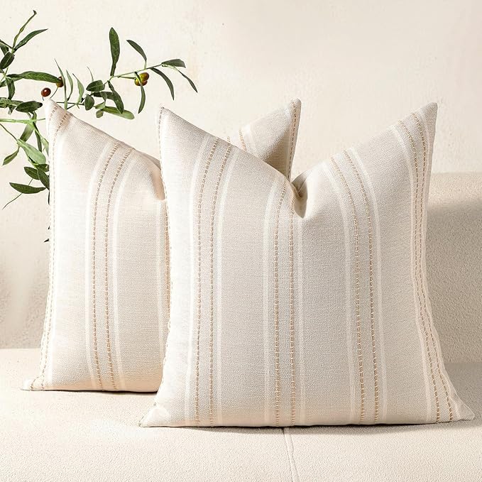 Hckot Hand Made Decorative Khaki Pillow Covers 18x18 Striped Throw Pillows Textured Linen Pillow Covers Farmhouse Decor Cushion Covers for Couch Bed Living Room, Khaki