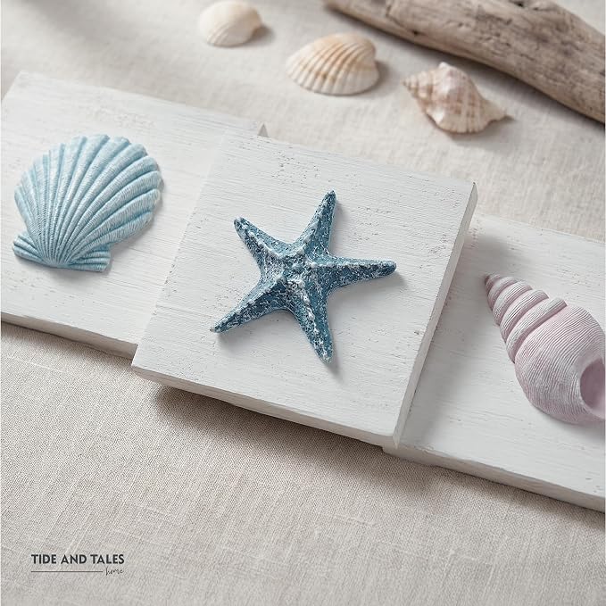 Tide and Tales 3D Beach Wall Art, Coastal Bathroom Wall Decor, Set of 3 | 6" x 6", Textured 3D Seashells Room Decor, Lightweight, Hand Painted, Beach Decorations for Home, Hanging Ready, Gift Boxed