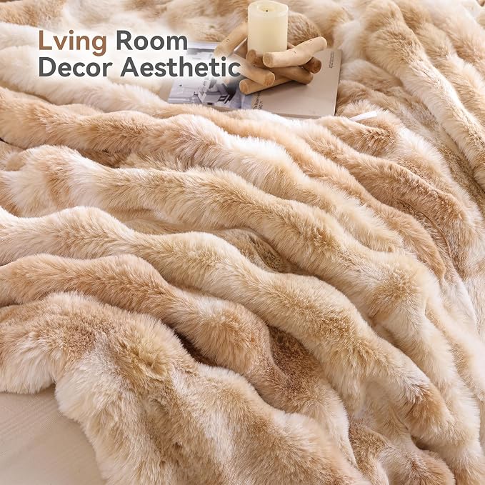 Faux Fur Throw for Couch - Tie-dye Camel Bubble Blanket 60"x80" | Fluffy Plush Fuzzy Throw for Sofa & Bed, Super Soft Cozy Comfrt Blanket, Luxury Aesthetic Camel Decor Gift for Women