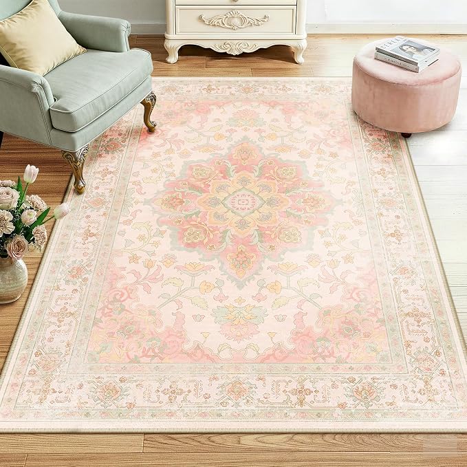CAPALOCA 4x6 Washable Nursery Girls Low Pile Area Rug Pink Green | Non-Slip Soft Rugs for Bedroom Kids Playroom Living Room, Print Pattern Water Repellent Carpet Indoor Decor