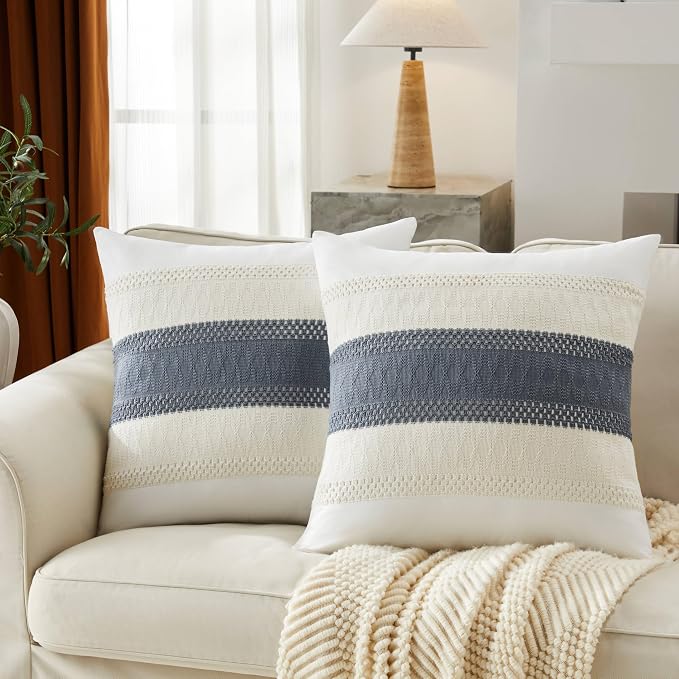 2pk Boho Pillow Covers 22x22, Natural White/Contrast/Navy | 100% Organic Cotton Body, Stripe Embroidery, Farmhouse Decorative Cushion Covers for Sofa Bed Living Room Home Decor