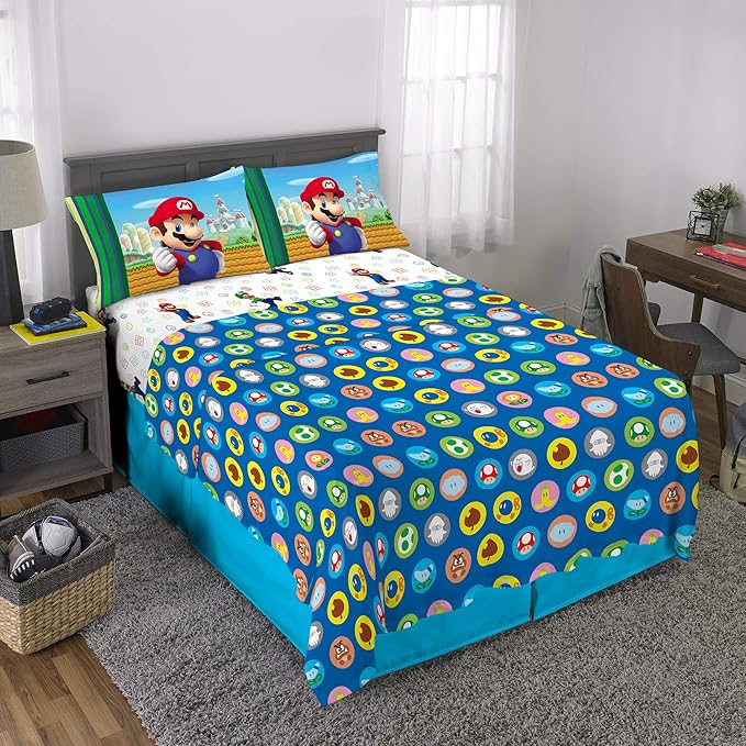 Super Mario Kids Bedding Soft Cozy Microfiber 4 Piece Full Size Sheet Set, (Officially Licensed Product) By Franco