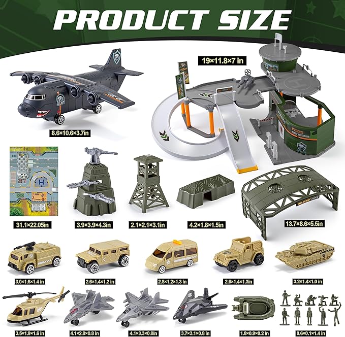 Military Base Toy Race Track Set with Airplane, Tanks, Cars, Helicopters, Fighter Jets, Army Men Action Figures and Play Mat, Army Vehicle Toys for Kids, Ideal Gift for Boys Girls