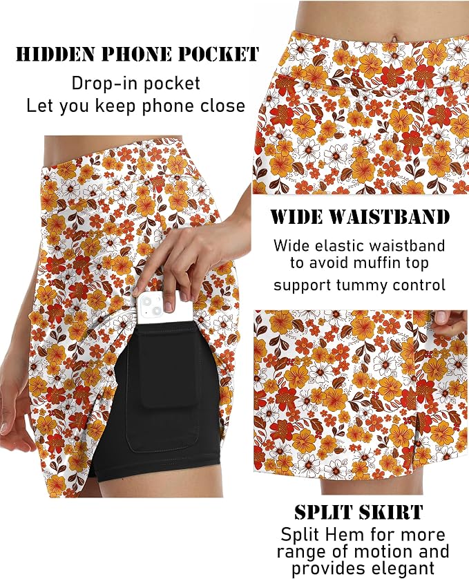 COOrun Women's 20" Knee Length Skirts High Waisted Golf Skorts with Pockets | Soft, Quick Dry, Split Hem, Built-in Shorts, A-line, Modest Skirts, for Golf Athletic Tennis Work Casual