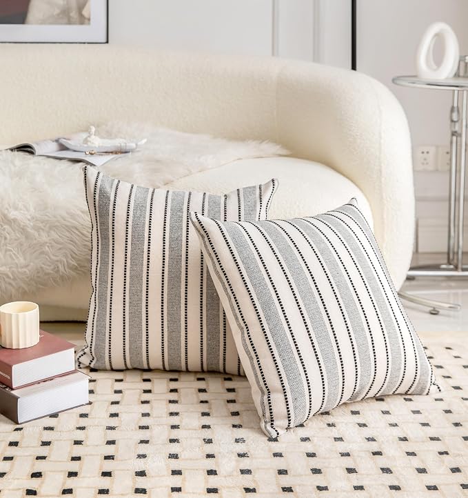 Cethom Decorative Boho Throw Pillow Covers, Farmhouse Textured Pillow Case, 18 x 18 Inch Set of 2, Chair Sofa Bedroom Living Room Home Decor Couch Cushion Case, Black and Beige Striped