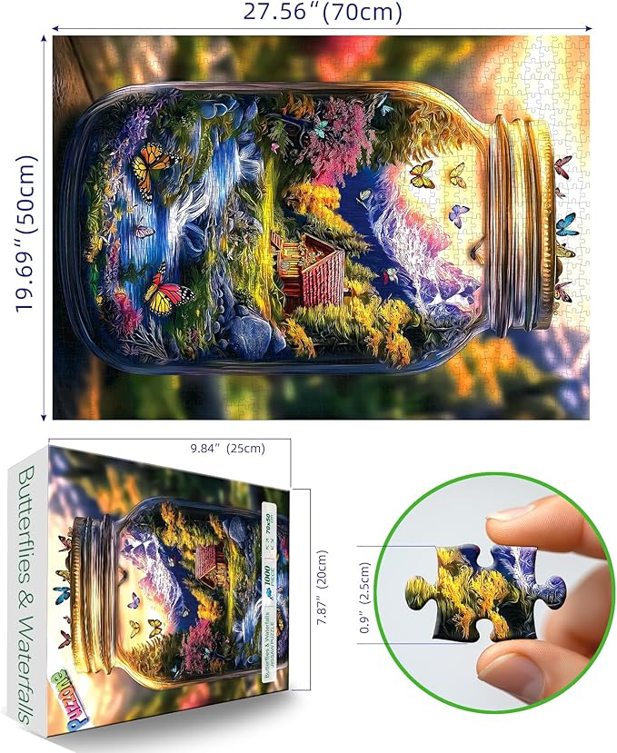 1000 Piece Puzzle for Adults Enchanted Mason Jar Landscape Jigsaw Puzzle, Miniature Nature Scene with Cabin, Waterfall & Butterflies, Challenging Puzzles Family for Seniors & Adults