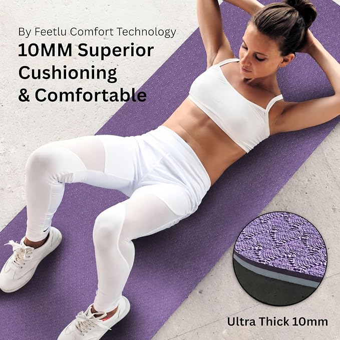 Extra Thick Yoga Mat with Carry Strap, 10mm Non-Slip Exercise Mat, 72 x 24 Inch Cushioned Workout Mat for Yoga, Pilates, Stretching & Floor Exercises