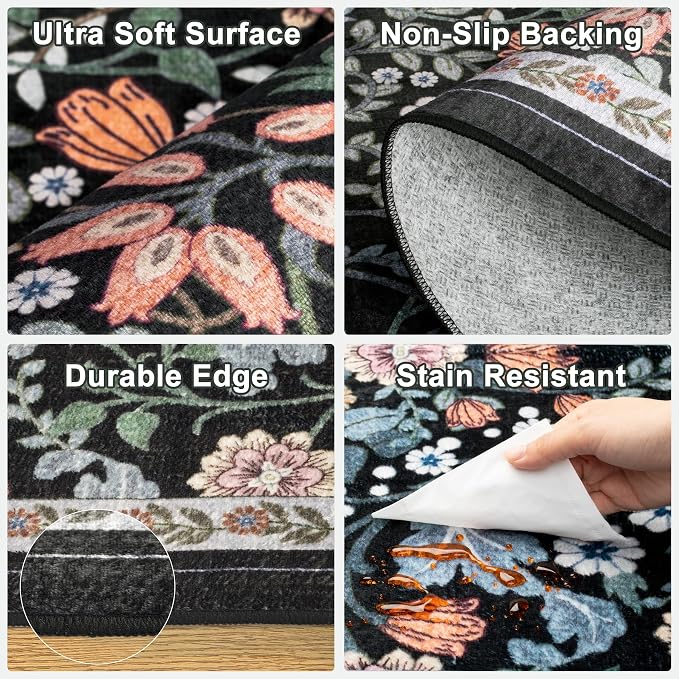 Runner Rug for Entryway: 3x10 Kitchen Rugs Non Slip Washable Ultra-Thin Soft Floral Carpet Indoor Floor Stain Resistant Carpets for Hallway Bedroom Kitchen Laundry Bathroom Dorm Dark Black