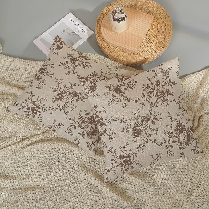 Brown and Cream Flower Pillow Covers 18x18 Set of 2 Chinoiserie Floral Decorative Throw Pillows Vintage Toile Flower Pillowcase Linen Outdoor Farmhouse Cushion Cover for Couch Sofa Decor