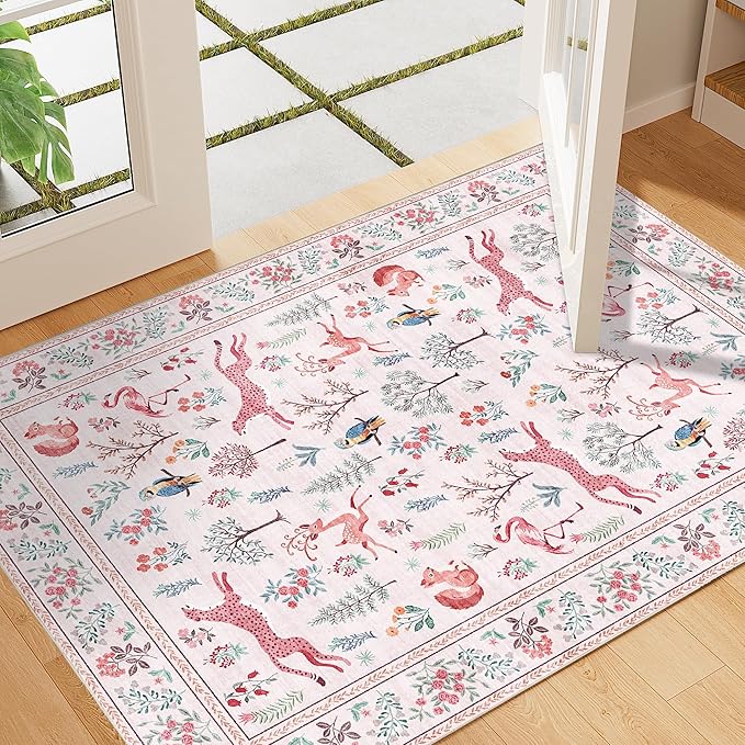 DUKINO 2x3 Entryway Rug, Washable Door Mat Animal Rug for Kitchen, Pink | Non Slip, Low Pile, Soft Indoor Small Rug for Entrance, Bedroom, Bathroom, Laundry, Pet Friendly, Lightweight, Non-Shedding