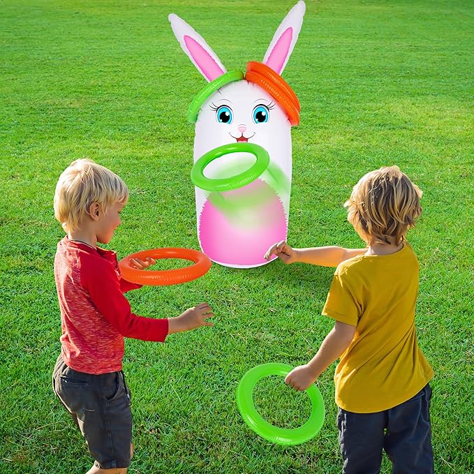 ArtCreativity 34” Easter Games Bunny Inflatable Ring Toss with 6 Rings, Easter Games for Kids - Weighted Bottom to Keep Rabbit Upright - Family Outdoor Easter Party Games for Kids and Adults