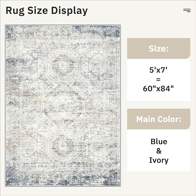 Soalmost 5x7 Area Rugs Blue/Ivory Low Pile Washable Trendy Faded Style Rug | Vintage Non-Slip Indoor Accent for Bedroom Dining, Foldable Stain Resistant Floor Carpet Mat Under Table Home Office Decor