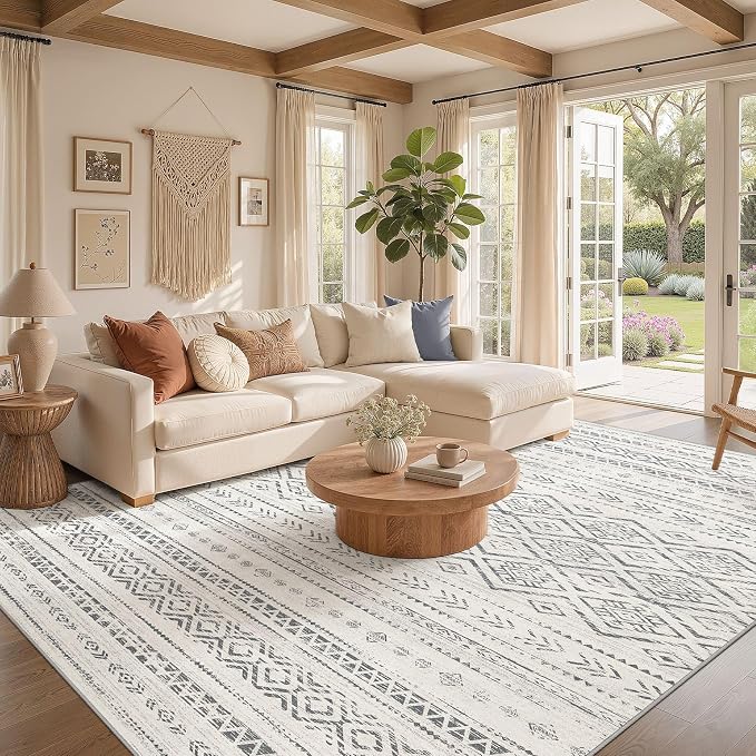 Nakagishi Area Rug Living Room Rugs: 9x12 Large Soft Machine Washable Boho Moroccan FarmNeutral Stain Resistant Indoor Floor Carpet for Bedroom Under Dining Table Home Office Decor-Grey