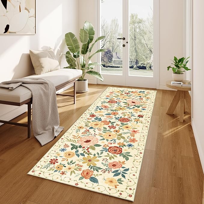 DUKINO 2x10 Runner Rug, Washable Kitchen Runner Rug Non Slip, Beige Yellow | Soft, Low Pile, Floral Indoor Rug Runner for Hallway, Entryway, Bedroom, Bathroom, Pet Friendly, Home Decor, Stain Resistant