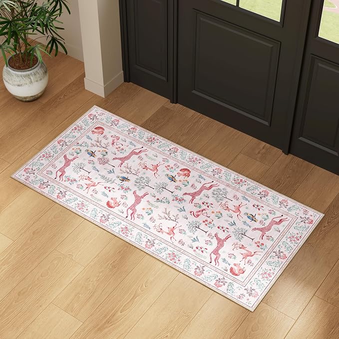 DUKINO 2x4 Rug for Entryway, Animal Washable Runner Rug for Kitchen, Pink | Non Slip, Low Pile, Stain Resistant Thin Indoor Carpet for Hallway, Bedroom, Bathroom, Laundry, Pet Friendly, Non-Shedding