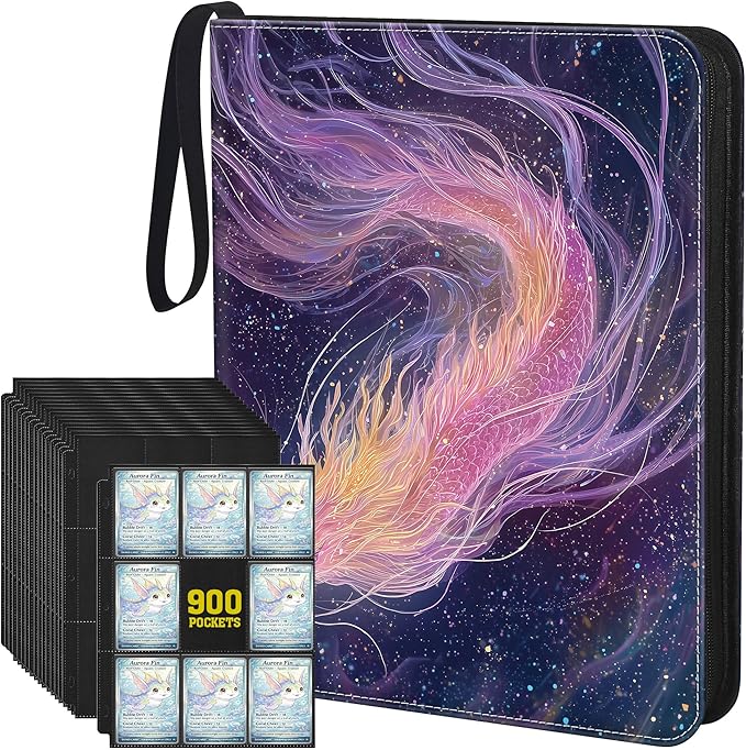 Trading Card Binder 900 Slots, 3-Ring Refillable 9-Pocket Album, 50 Top-Loading Pages, Zippered Case with Strap, Acid-Free PVC-Free, Fits 2.5 x 3.5 in Cards, TCG