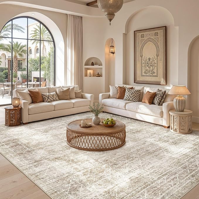 cotiled Washable Area Rugs 10x14 Living Room | Non Slip Backing, Stain Resistant, Pet Friendly, Large Neutral Soft Indoor Carpet For Bedroom, Nursery, Office, Beige/Brown