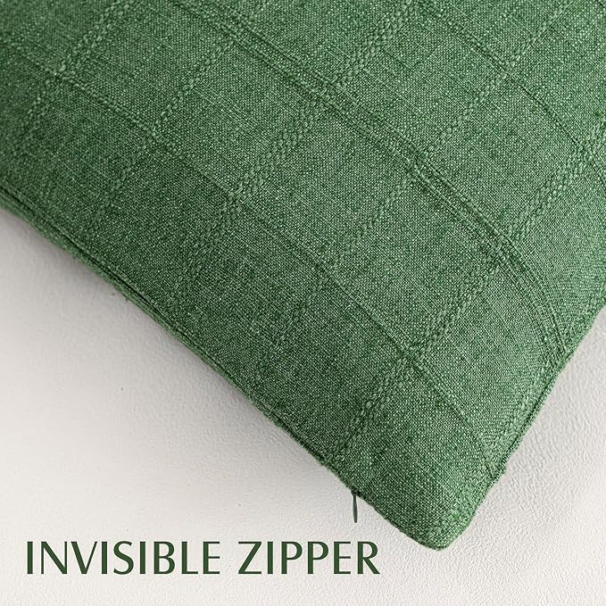 Foindtower Set of 2 Decorative Linen Check Throw Pillow Covers Neutral Farmhouse Lumbar Cushion Covers Modern Boho Accent Home Decor for Sofa Chair Couch Bedroom Living Room,12×24 Inch,Forest Green