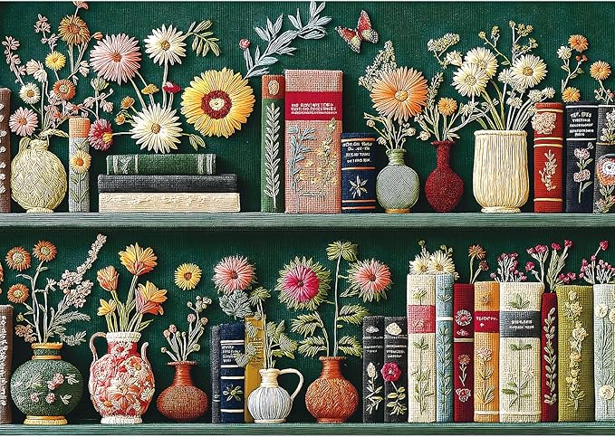 Blueforest Wildflower Embroidery Puzzles for Adults 1000 Pieces, Vintage Flower Book Puzzle, Wildflower Pages Jigsaw Puzzle for Book Lover, Floral Art Bookshelf Library Puzzles