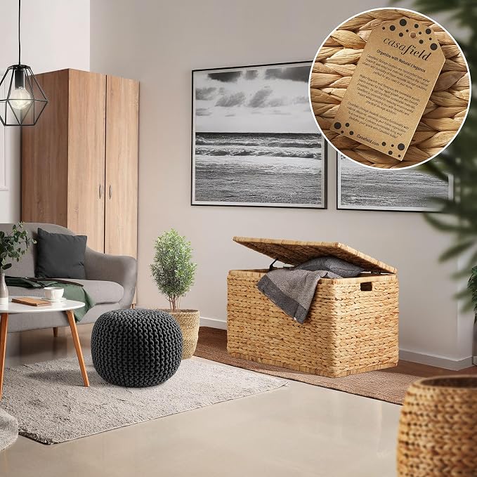 Casafield 30" Storage Chest with Lid, Handles, and Safety Hinge - Natural, Water Hyacinth Wicker Storage Trunk for Entry Way, Living Room, Bedroom