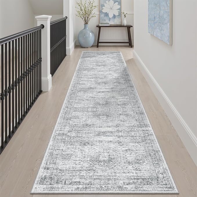 Soalmost Runner Rug 2x8 Washable Non-Slip Hallway Kitchen Runners Grey | Stain Resistant Vintage Rugs for Bathroom Laundry Room, Low Pile Foldable Floor Carpet Mat for Entryway Corridor Bedroom