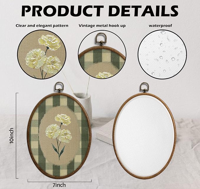 Flower Oval Wall Art, Green Gingham Oval Cottage wall Decor, Retro Botanical Grandma Cottage Core Home Decor for Western Farmhouse Bedroom Living Room, Home Retro Decor Products, 7x10 Inches, 15