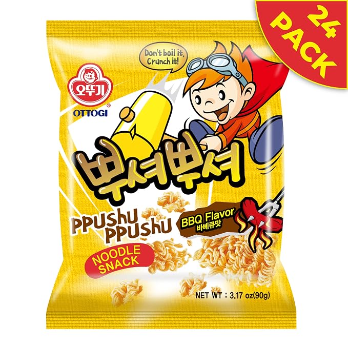 OTOKI Ppushu Ppushu Noodle Snack BBQ Flavor, Korean Ramen Snack, Crush to Eat, 90g, 24 Pack