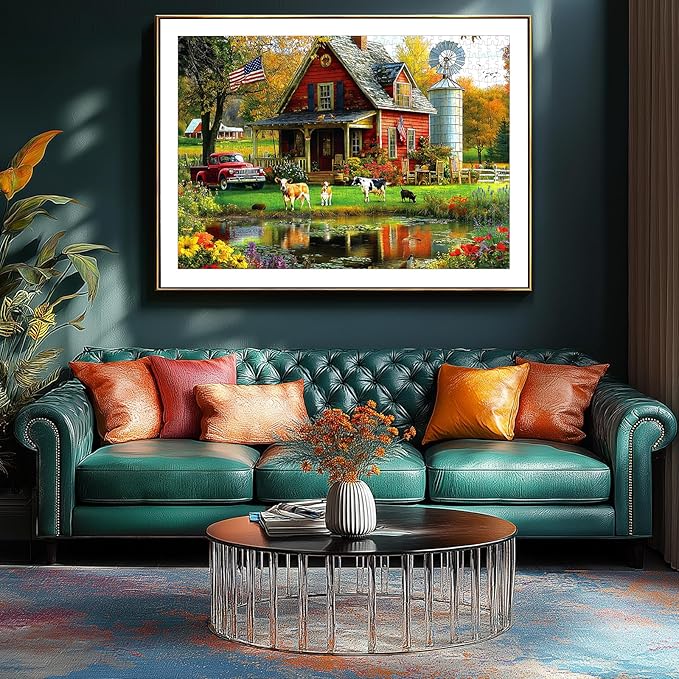 Autumn Farm Jigsaw Puzzles 1000 Pieces for Adults - Vintage Country Scene with Red Farmhouse & Pickup Truck, Family-Friendly Countryside Puzzle Games with Reference Poster （27.6"x19.7"）