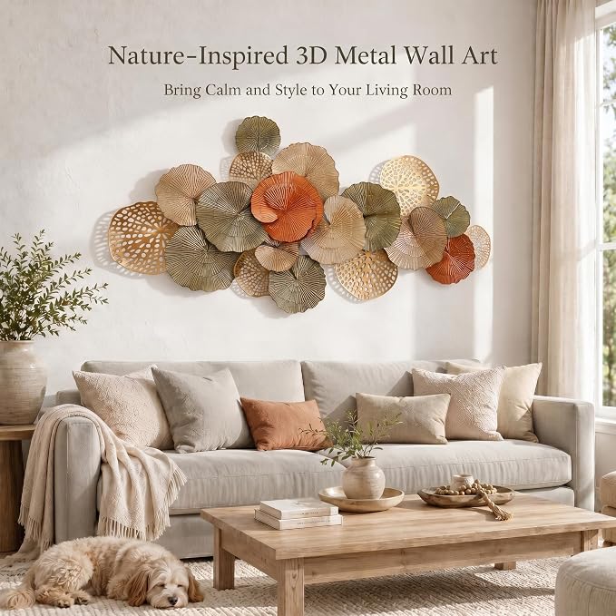 Axioglo 51" Large Wall Decor 3D Lotus Leaf Metal Wall Art for Living Room | 51" x 25" metal wall decor with layered metal texture, mounting hardware, two-way display