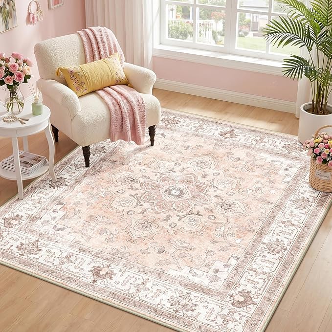 CAPALOCA Square 4ft Washable Nursery Girls Low Pile Area Rug Pink | Non-Slip Soft Rugs for Bedroom Kids Playroom Living Room, Print Pattern Water Repellent Carpet Indoor Decor