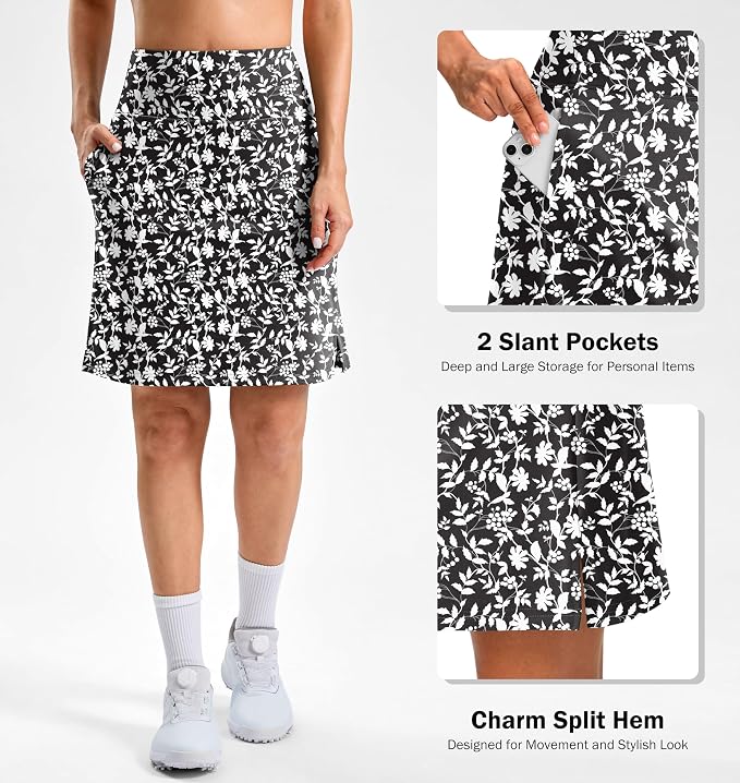 20" Skorts with 3 Pockets | Knee Length, High waisted, Slit Side, Casual, Summer, Travel, Athletic, Tennis, Golf, Skirts for Women