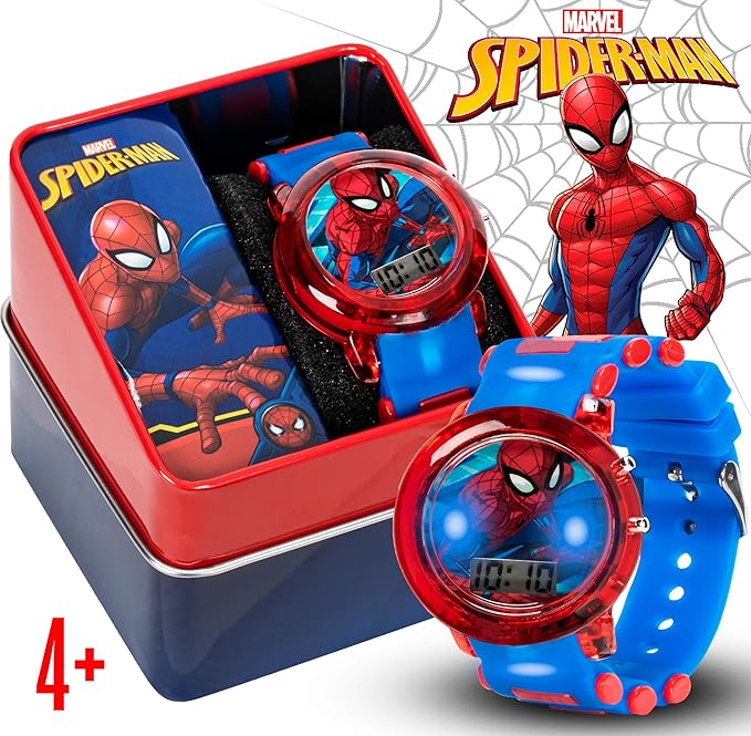 Marvel Spider-Man Kids' LCD Watch – Flashing LED Bullet Band, Digital Time Display, Red & Blue Design, Durable Plastic Case, Adjustable Silicone Strap – Fits Wrists 5.5" to 8"