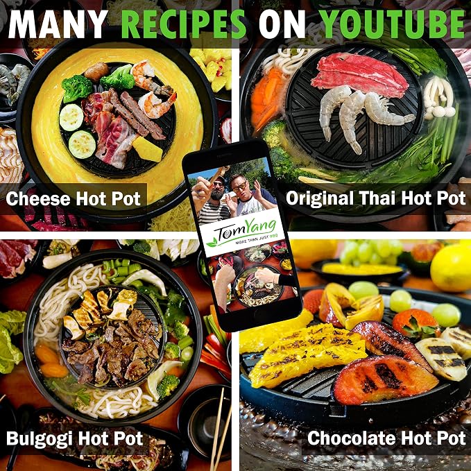 TomYang Stovetop Korean BBQ, Korean Bbq Grill Pan, 13 inch, Camping Pan, Non-stick Coating, More than 100 Recipe Videos, KBBQ pan, 4 x Bamboo tongs, Dishwasher, Grill Pan, Korean food
