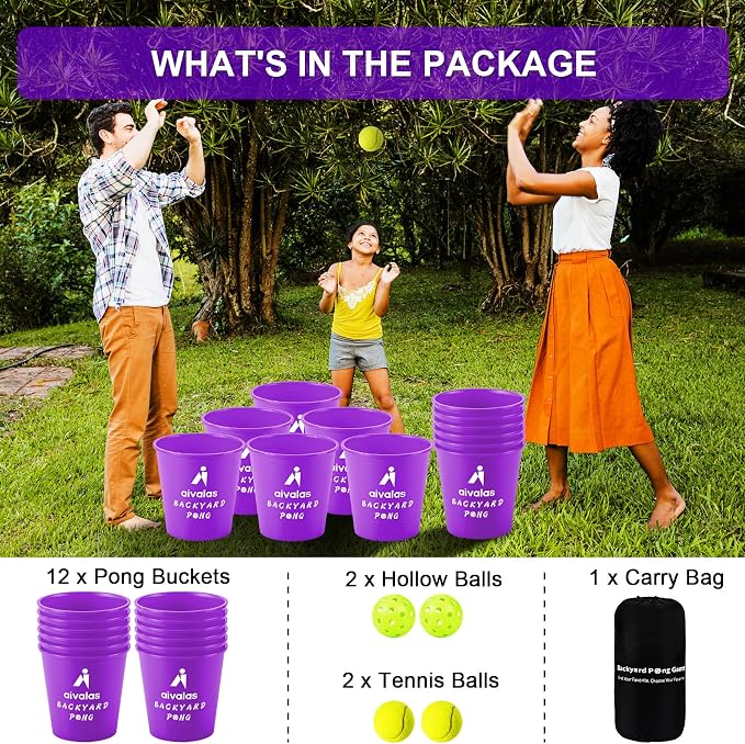 Aivalas Yard Pong Outdoor Games, Giant Yard Games Set with 12 Buckets and Balls for Adults and Family, Toss Game Throwing Games for Beach, Camping, Lawn and Backyard