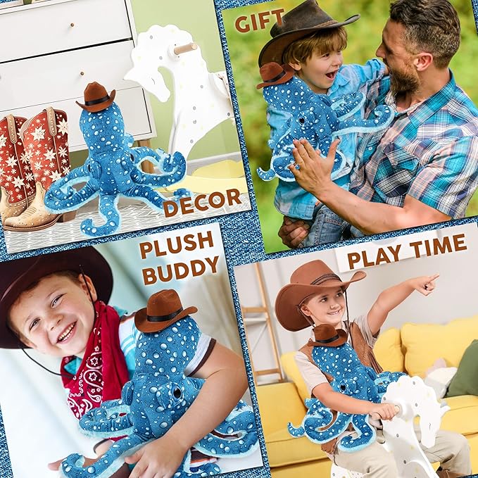 DolliBu Blue Octopus Stuffed Animal Cowboy Hat Plush with Name Personalization - Western-Themed Octopus Plush with Cute Cowboy Costume Hat - 16 Inches