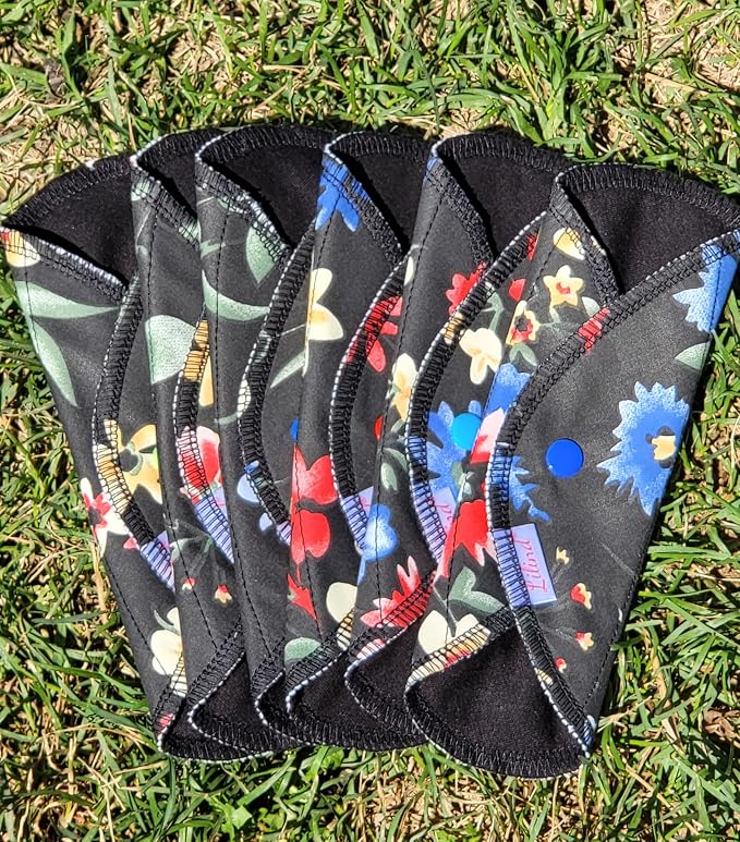 Lilind® 6 Pack Everyday Black Pantyliners, Organic Cloth Pads, Reusable Menstrual Sanitary Napkins, 100% Cotton, Random Flowers