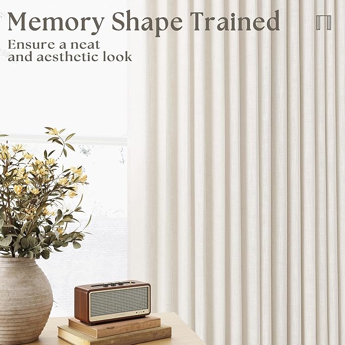 102 Inch Long Curtains Pinch Pleat Linen Curtains for Living Room Bedroom 2 Panels Natural Cream Light Filtering Privacy Neutral 102 Inch Pleated Drapes Hooks Rings Back Tab for Window Sliding Door