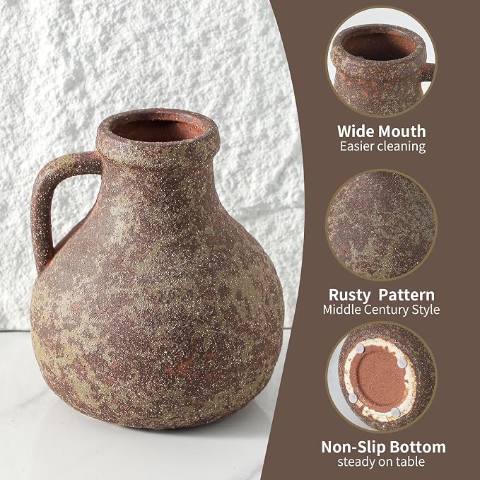 Ceramic Flower Rustic Vase, 7.1 Inch Farmhouse Rusty Vases for Home Decor Handcrafted Pottery Vase Small Terracotta Vases for Dining Table Decor Fireplace Living Room Bathroom Wedding Centerpiece